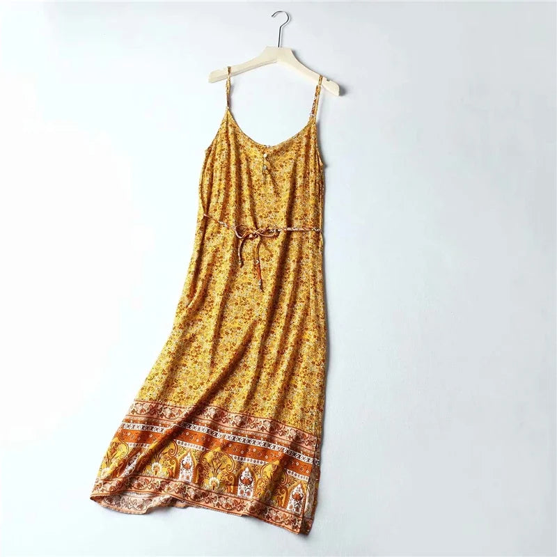 Floral Print Sleeveless Strap Rayon Cotton Midi Boho Dress
