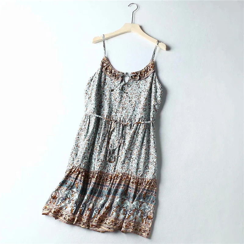 Floral Print Sleeveless Summer Rayon Mini Boho Dress