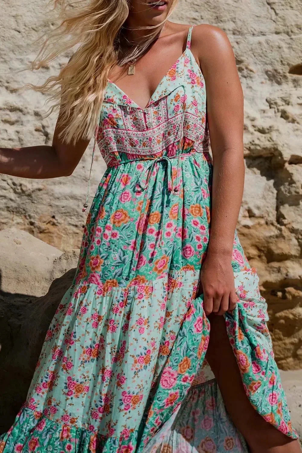 Green Floral Sleeveless Rayon Maxi Boho Dress
