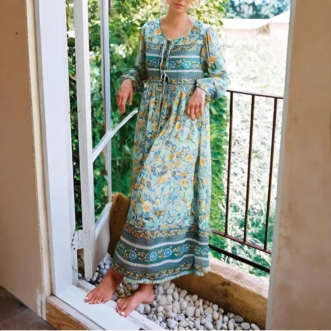 Green Floral Print Tie Neck Long Sleeve Rayon Summer Maxi Boho Dress