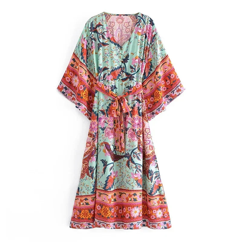 Red Floral Bat Sleeve V-neck Kimono Cover-up Boho Dress