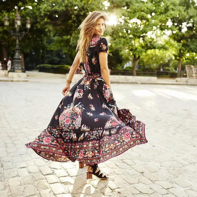 Sexy High Split Flare Sleeve Print Rayon Maxi Boho Dress