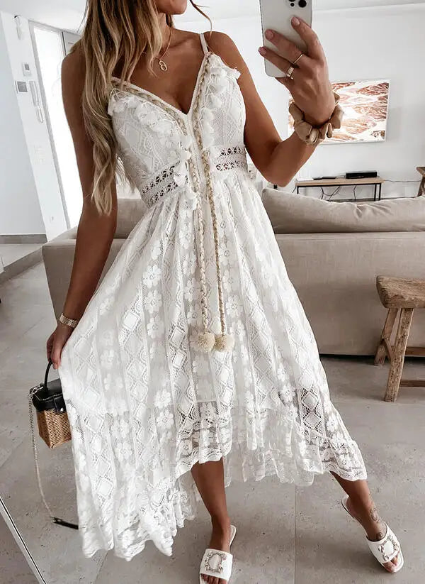 Strap Sleeveless Deep V-neck Tassel Lace Maxi White Boho Dress