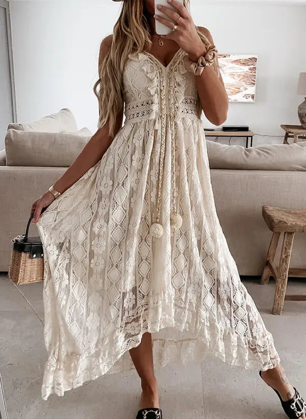 Strap Sleeveless Deep V-neck Tassel Lace Maxi White Boho Dress