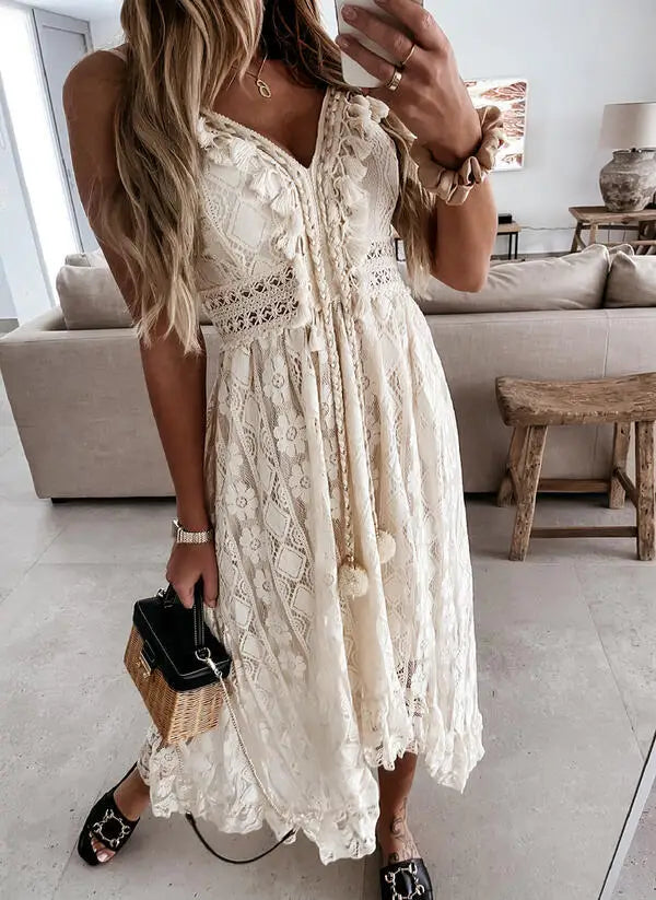 Strap Sleeveless Deep V-neck Tassel Lace Maxi White Boho Dress