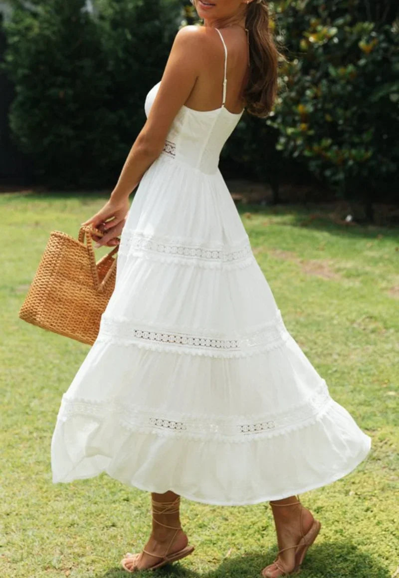 White Hollow Out Strapless Split Sleeveless Maxi Boho Dress
