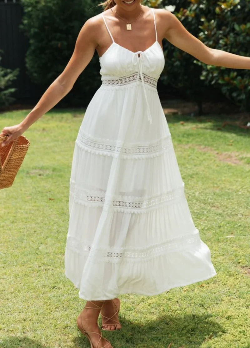 White Hollow Out Strapless Split Sleeveless Maxi Boho Dress