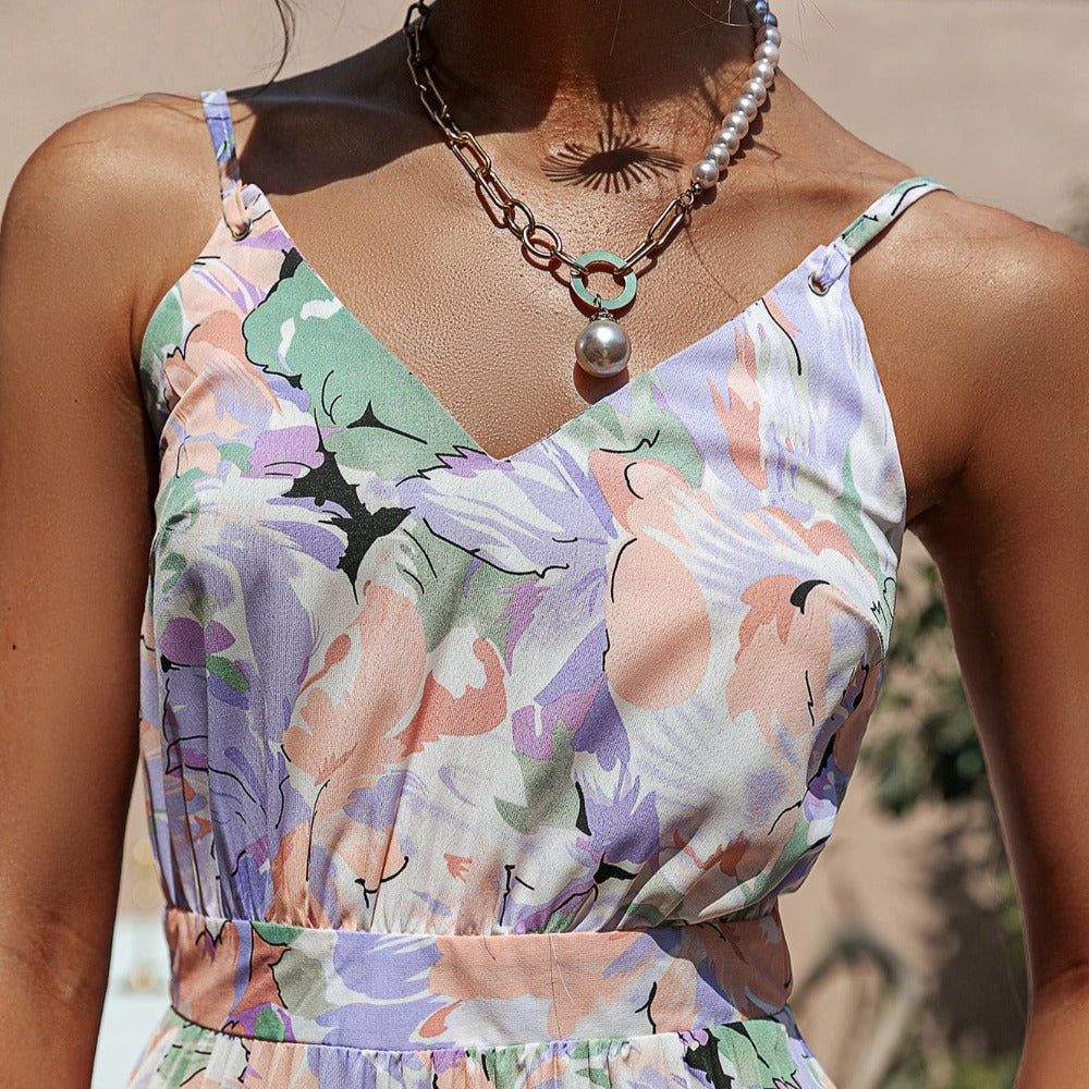 Botanical Floral Print V-Neck Spaghetti Strap Pleated Waistband Maxi Dress