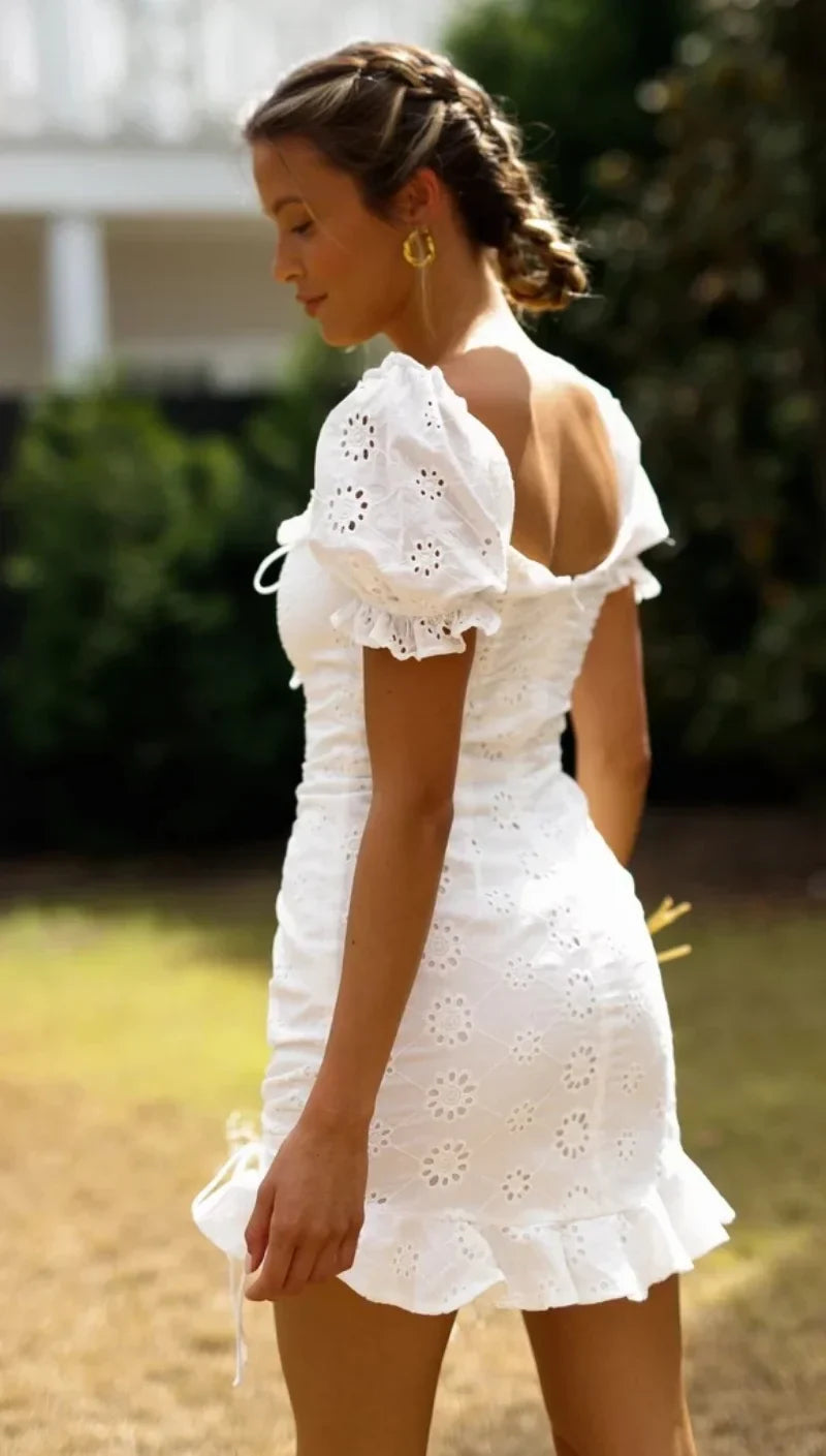 White Lace Cotton Short Sleeve Bodycon Mini Boho Dress