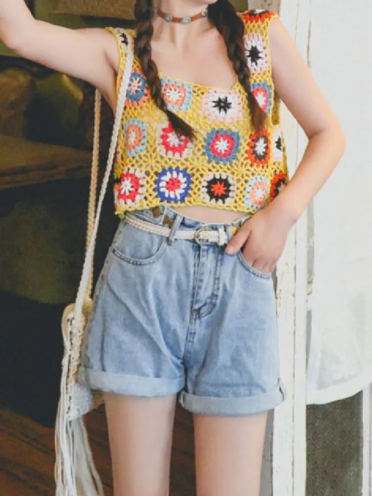 Floral Printed Hollow Crochet Knitted Crop Top