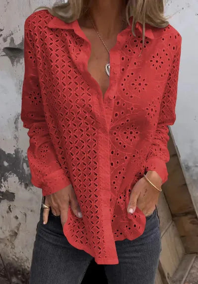Hollow Out Cotton Floral Embroidery Long Sleeve Boho Blouse