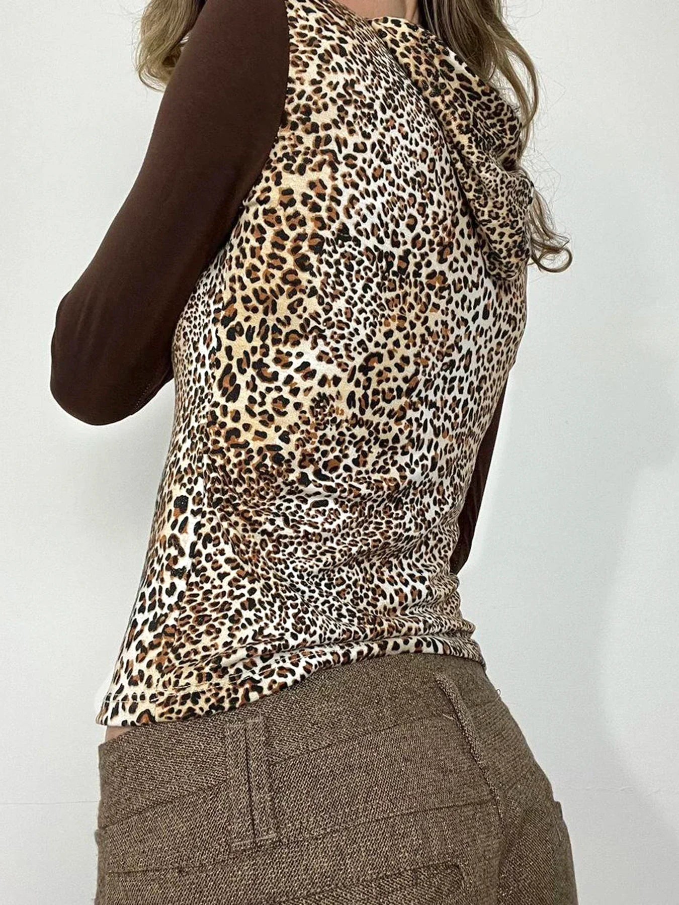 Leopard Patchwork Hooded Slim V-Neck Long Sleeve Knit Top