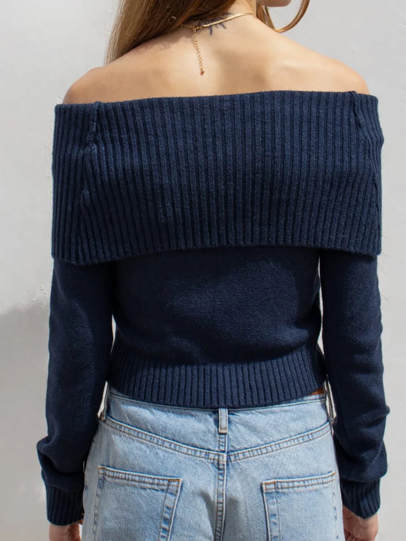 Solid Knitted Slash Neck Basic Long Sleeve Pullover Sweater