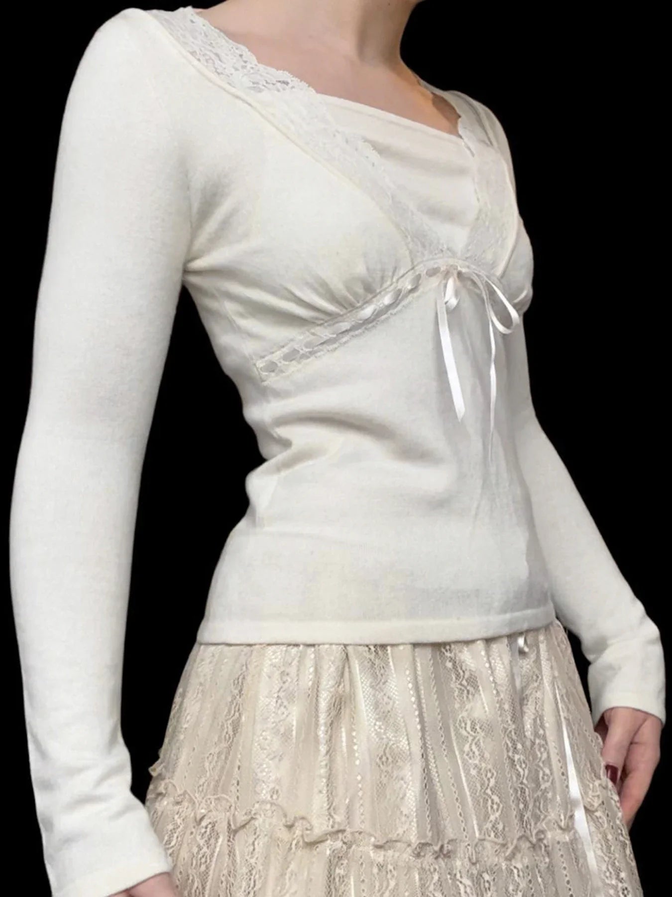 Solid Lace Trim Deep V-Neck Slim Long Sleeve Knit Top