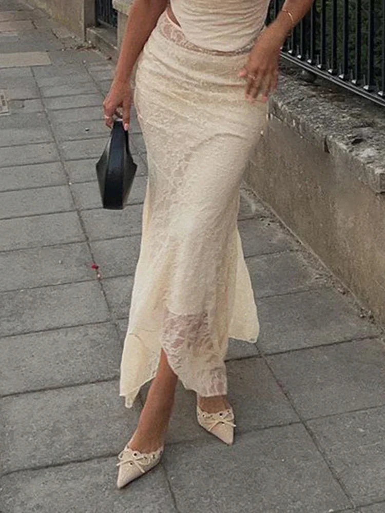 Elegant Lace Trumpet Skirt Holiday See Through Maxi Skirt
