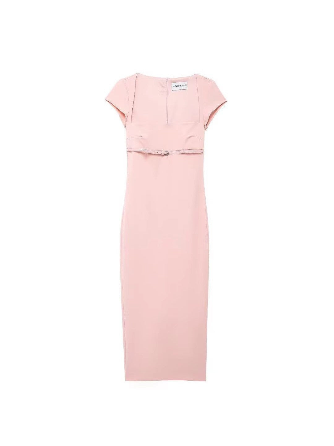 Araya Square Neck Short Sleeves Belted Slit Midi Dress