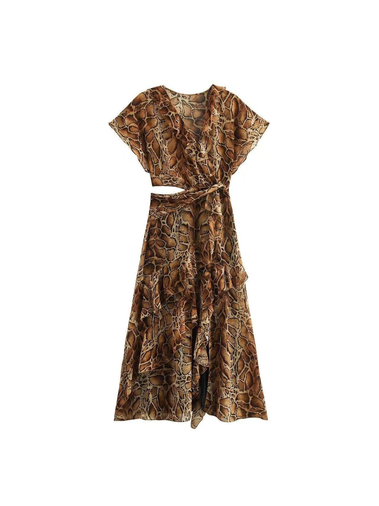 Animal Print Short Sleeves Cutout Ruffle Maxi Dress