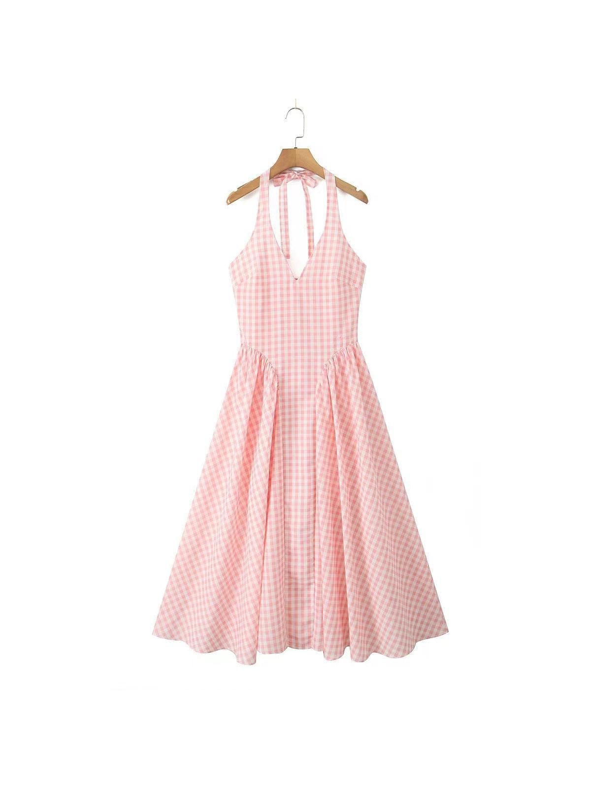 Gingham Print Tied Halterneck Midi Dress