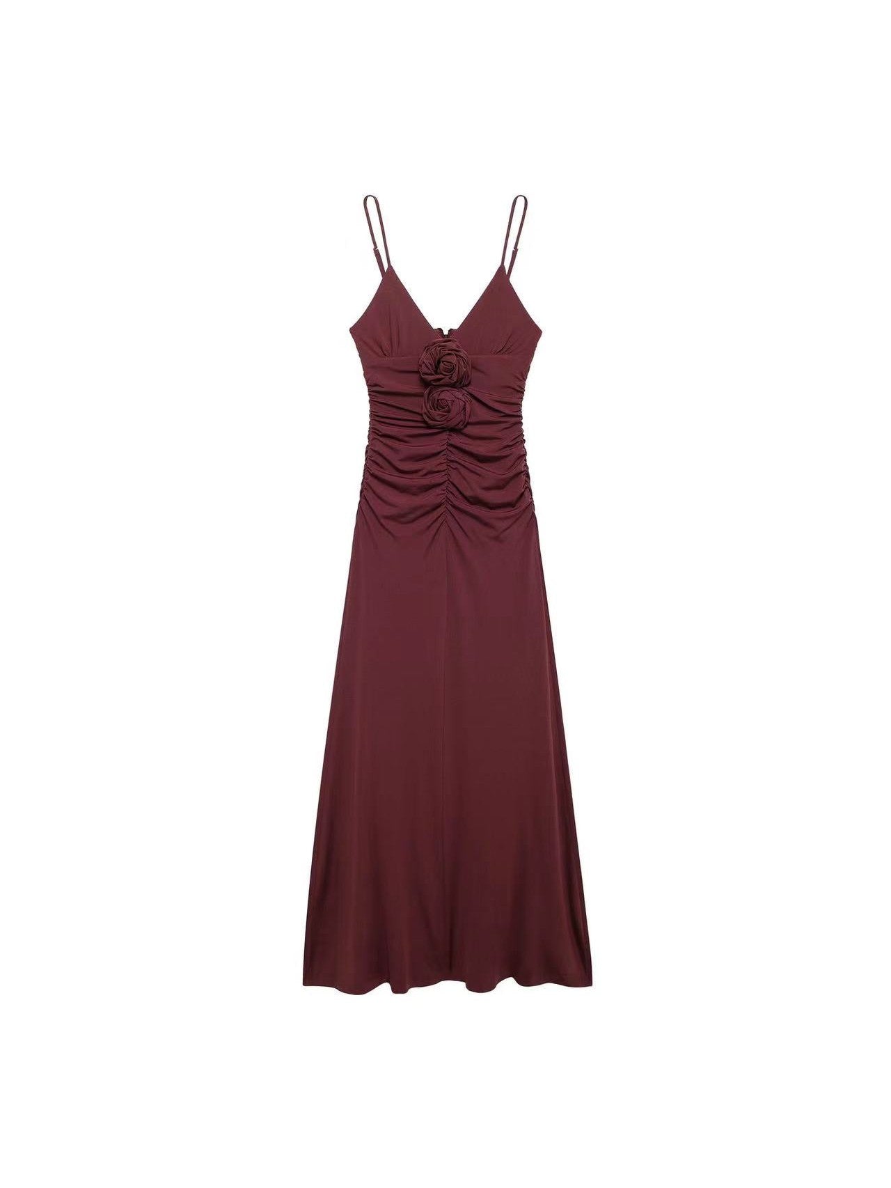 Spaghetti Srap Flower Applique Ruched Maxi Dress