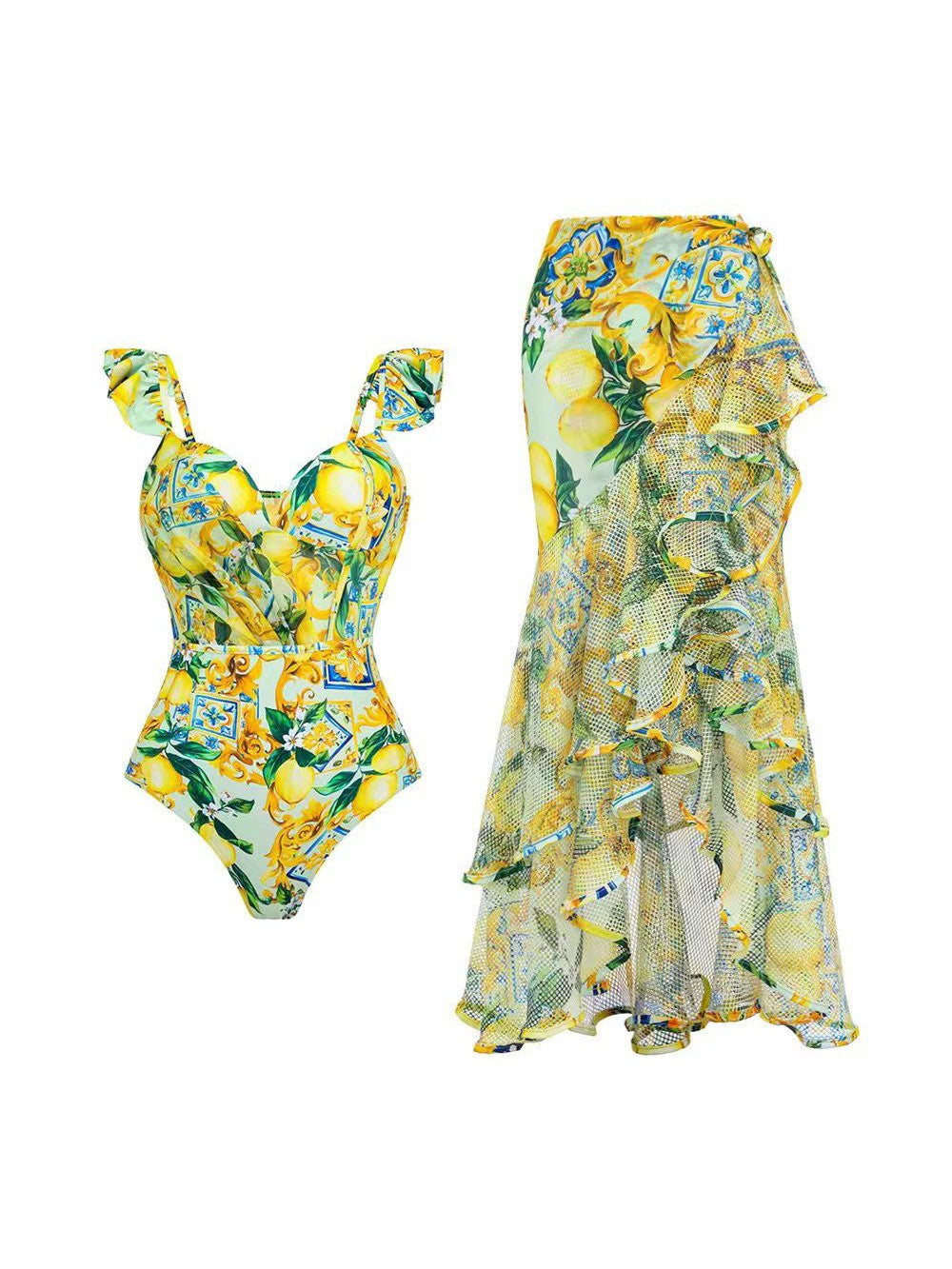 Ruffle Printed Three Peice Bikini Swimsuit Set