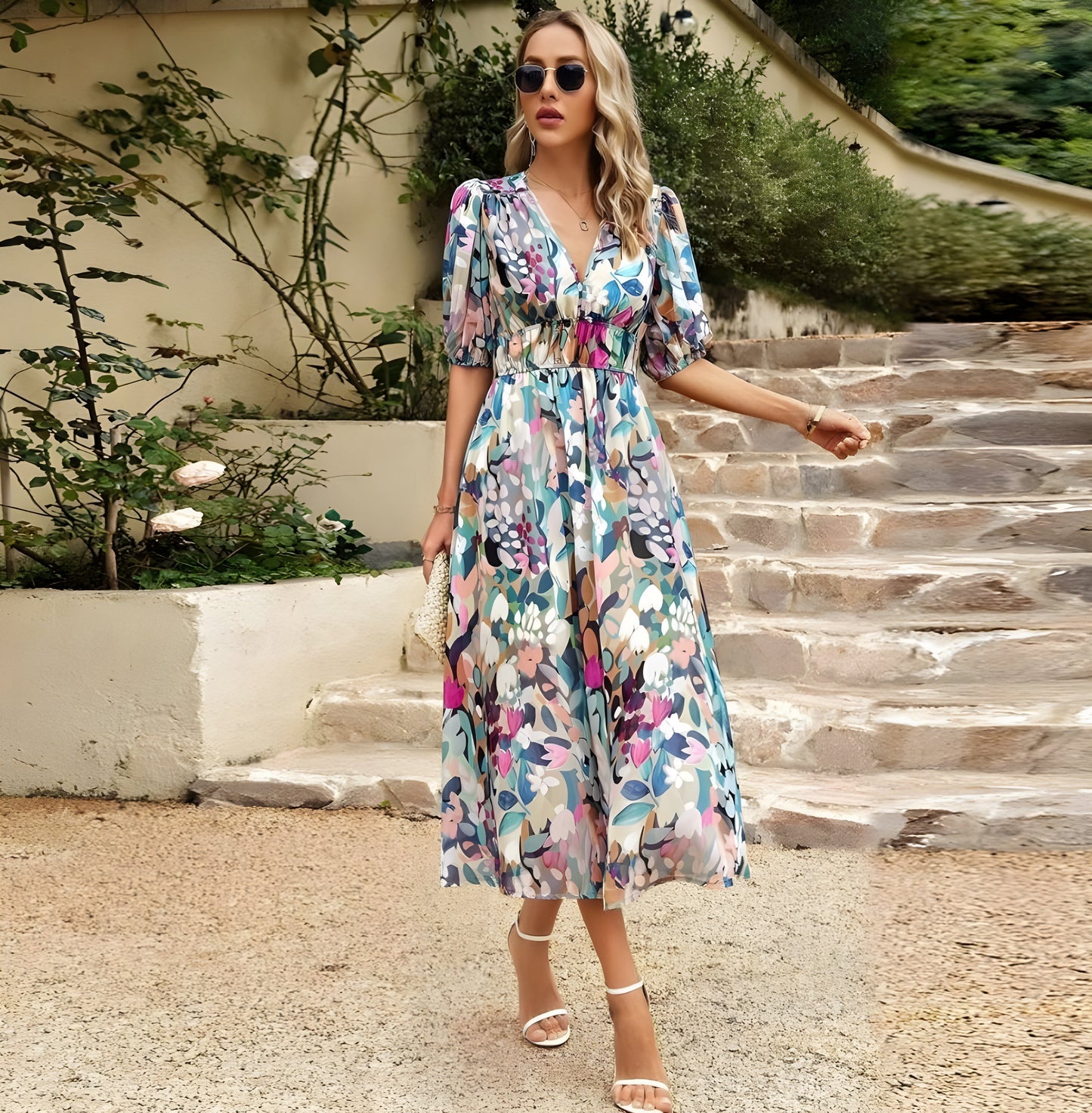Abstract Floral Print Smocked Waist Puff Sleeve Midi Dress