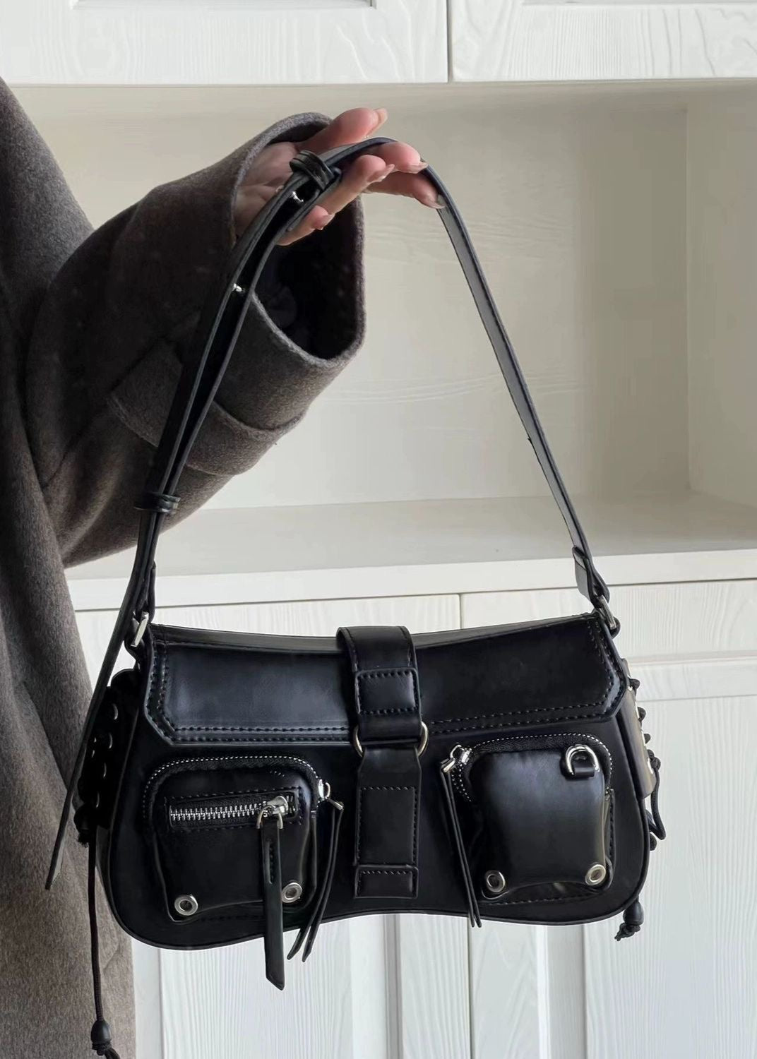 Crimson Utility Buckle Shoulder Bag – Multi-Pocket Street Style