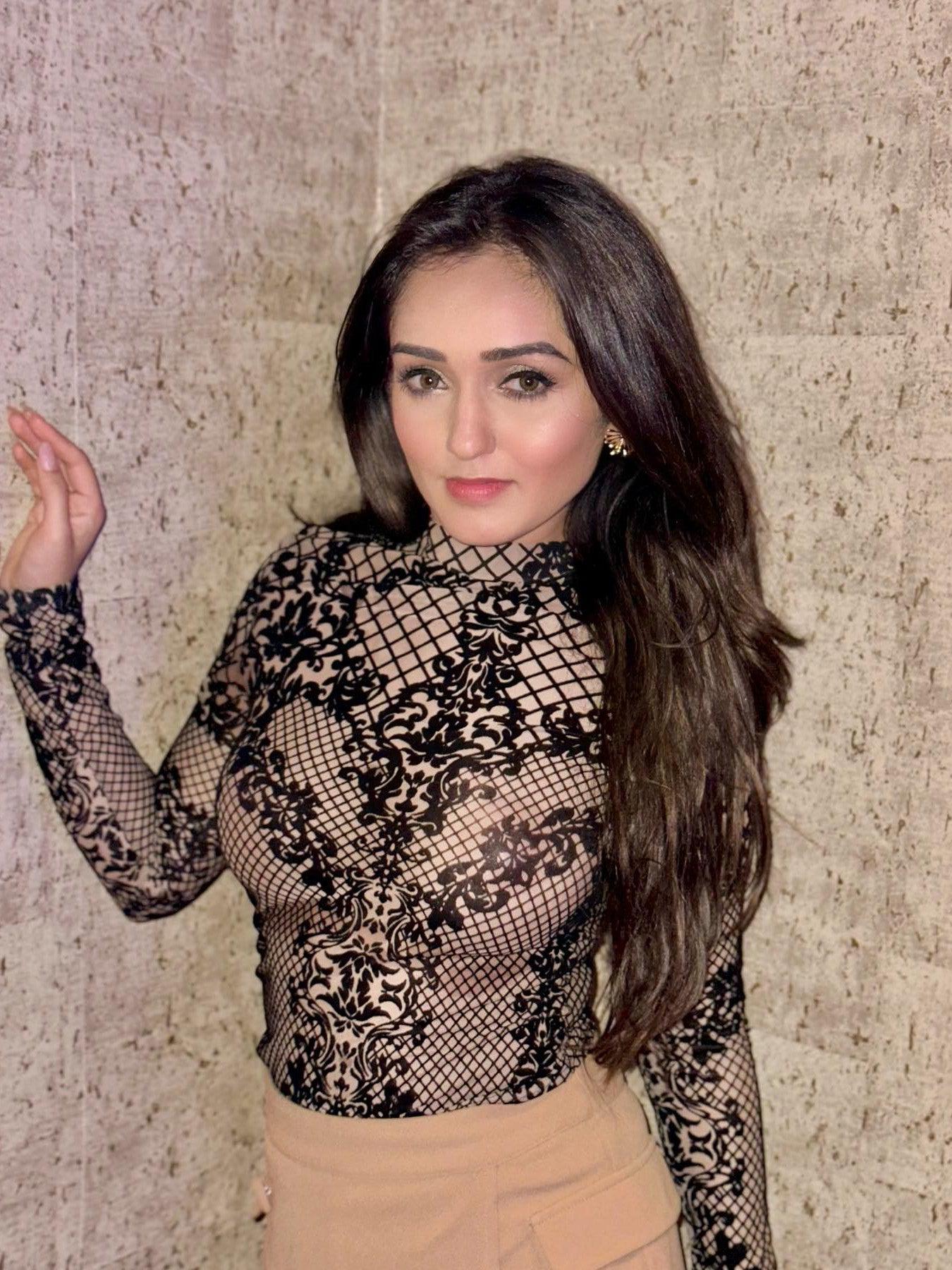 High Neck Mesh Velvet Bodysuit