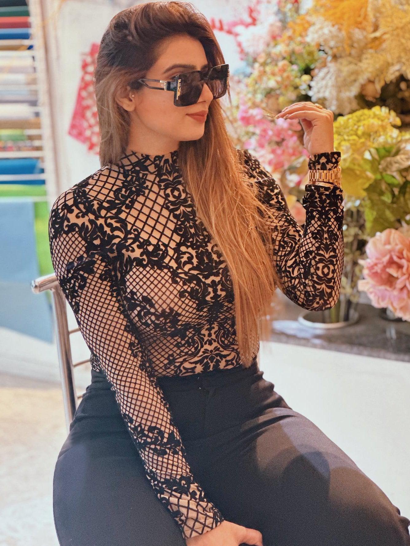 High Neck Mesh Velvet Bodysuit