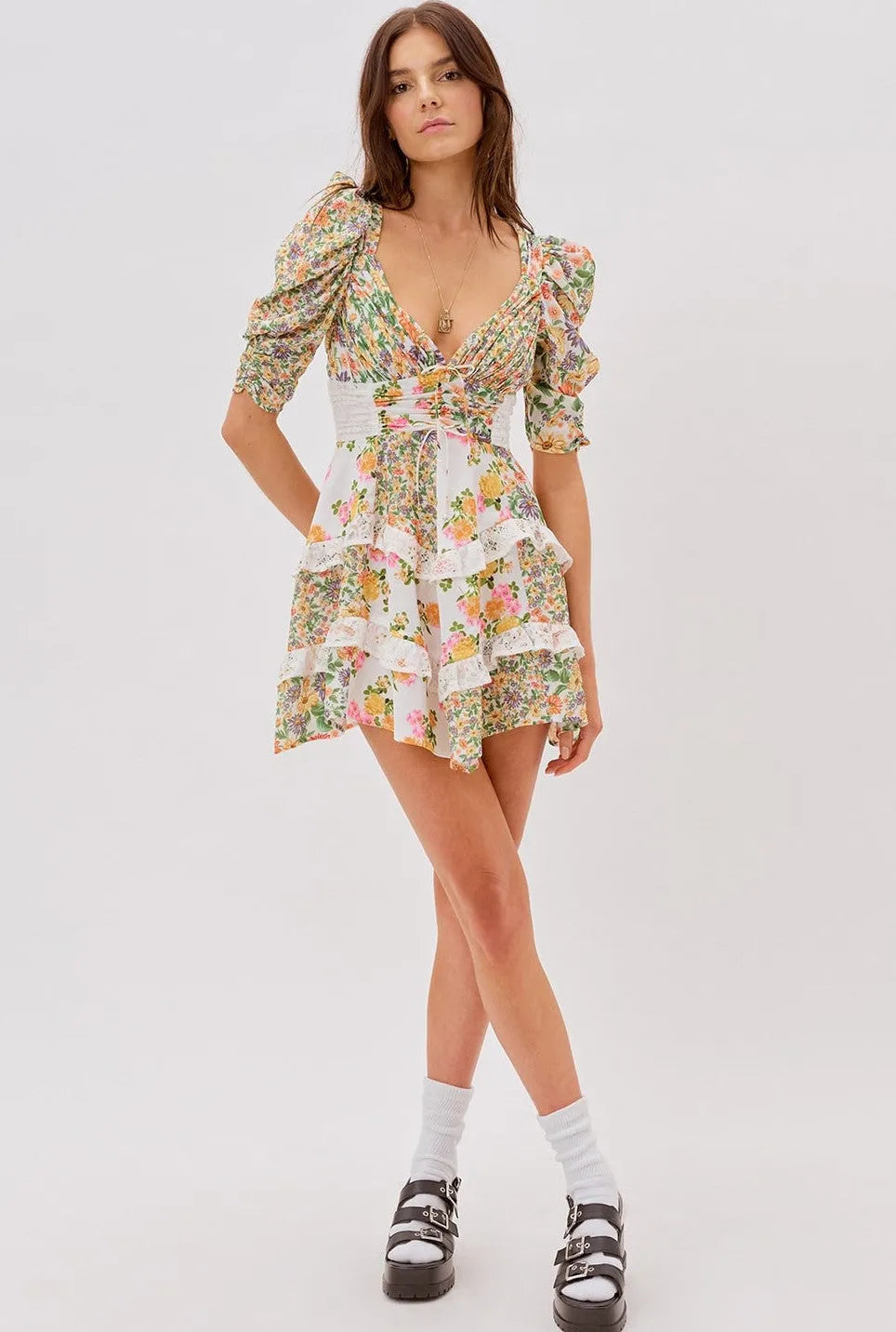 Floral V-Neck Puff Sleeve Ruffle Hem Mini Dress