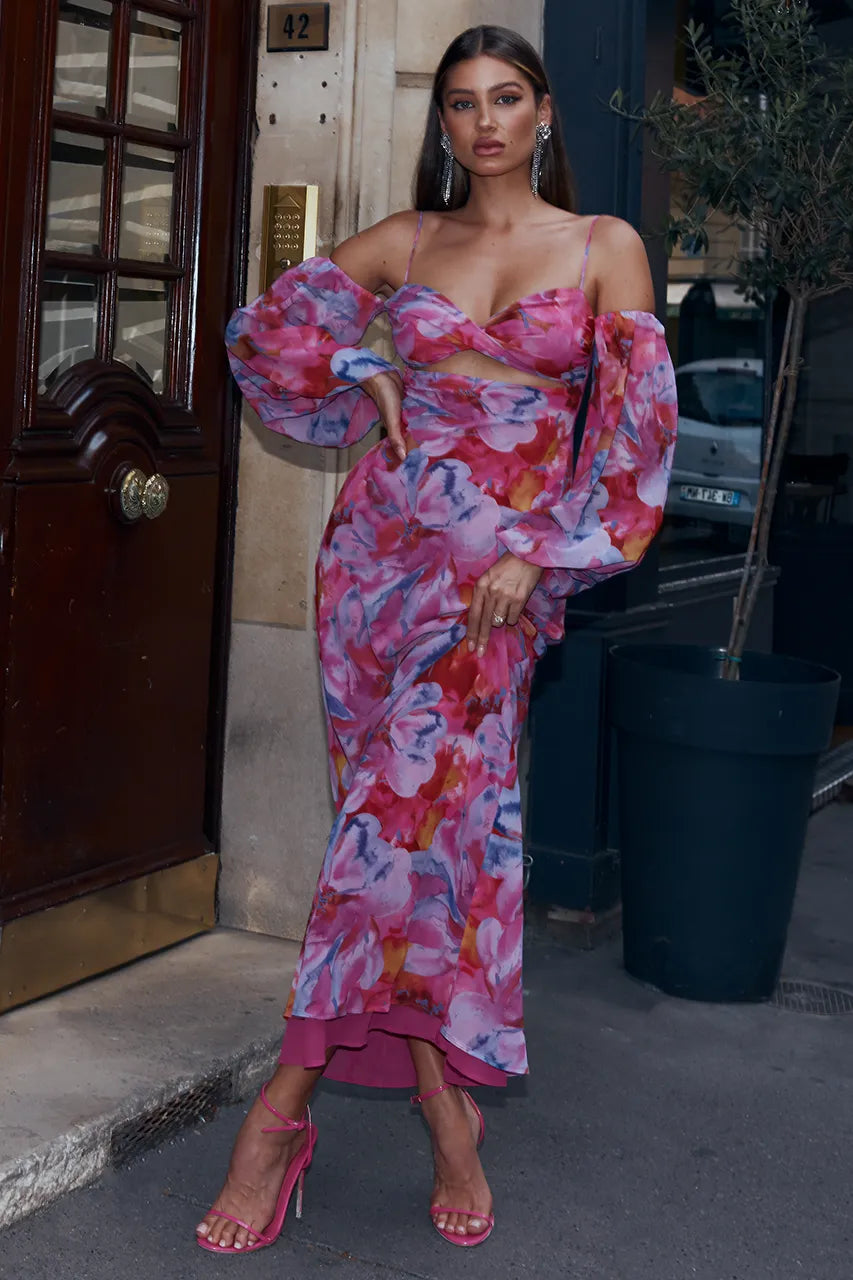 Floral Off-Shoulder Knot Cami Maxi Dress Pink