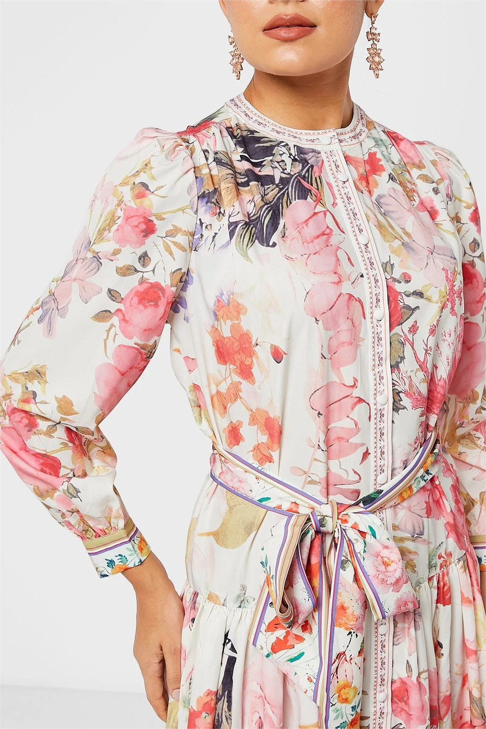 Floral Long Sleeve Crew Collar Buttoned Lace Up Midi Dress