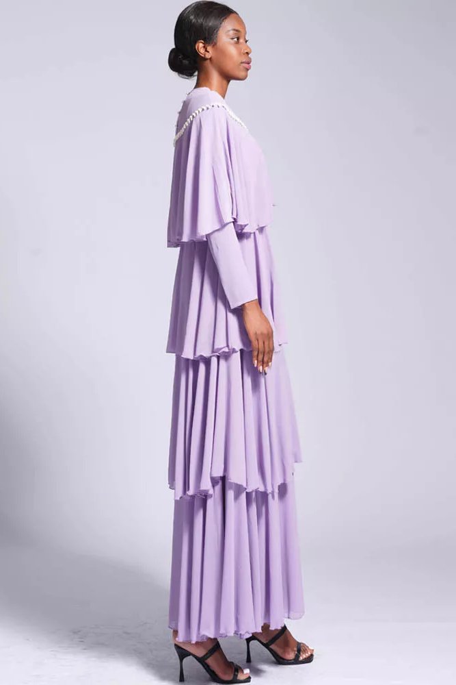 Long Sleeve Crew Collar Ruffle Hem Layered Maxi Dress