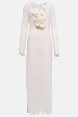 3D Flower Long Sleeve V-Neck Split Maxi Dress White