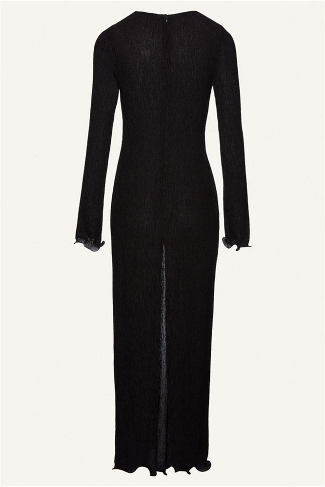 3D Flower Long Sleeve V-Neck Split Maxi Dress Black