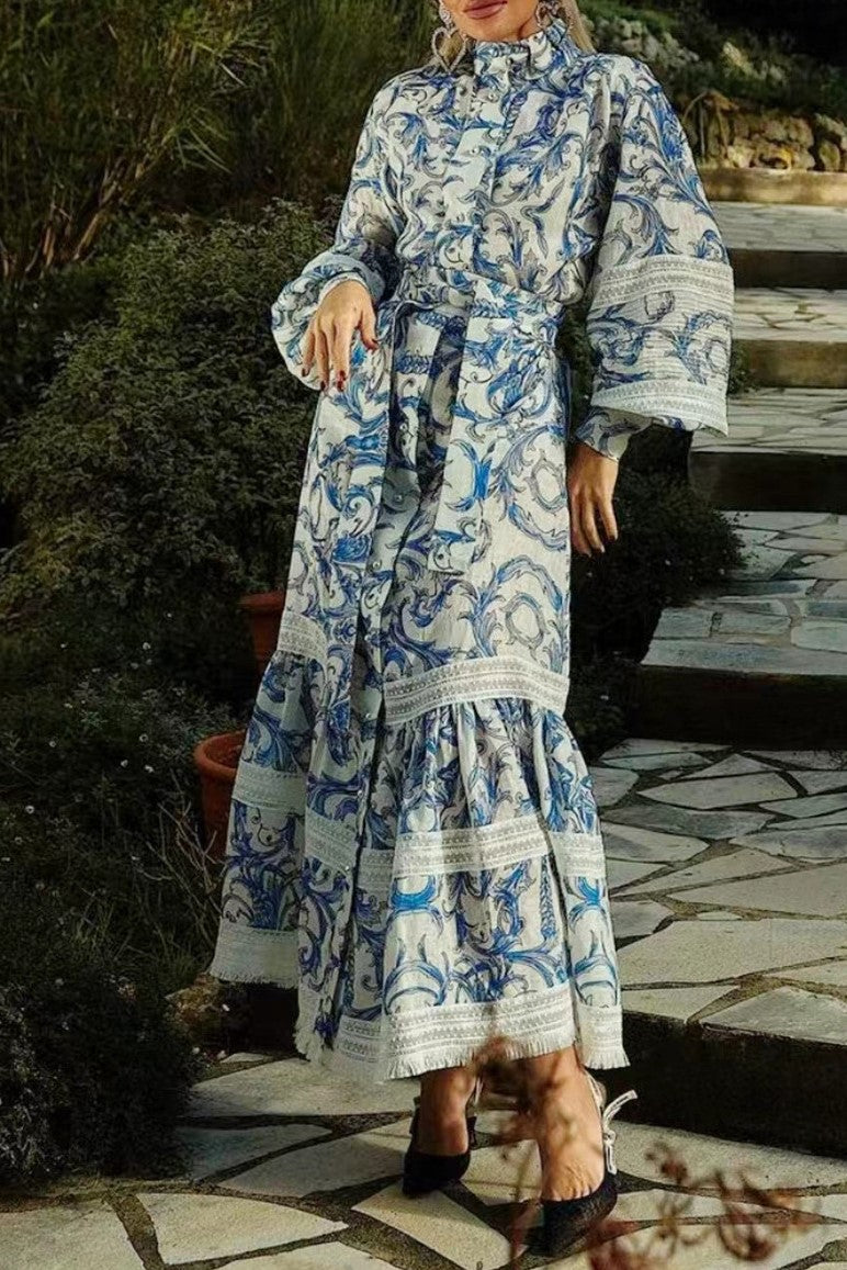 Printed Lantern Sleeve Stand Collar Patchwork Maxi Dress