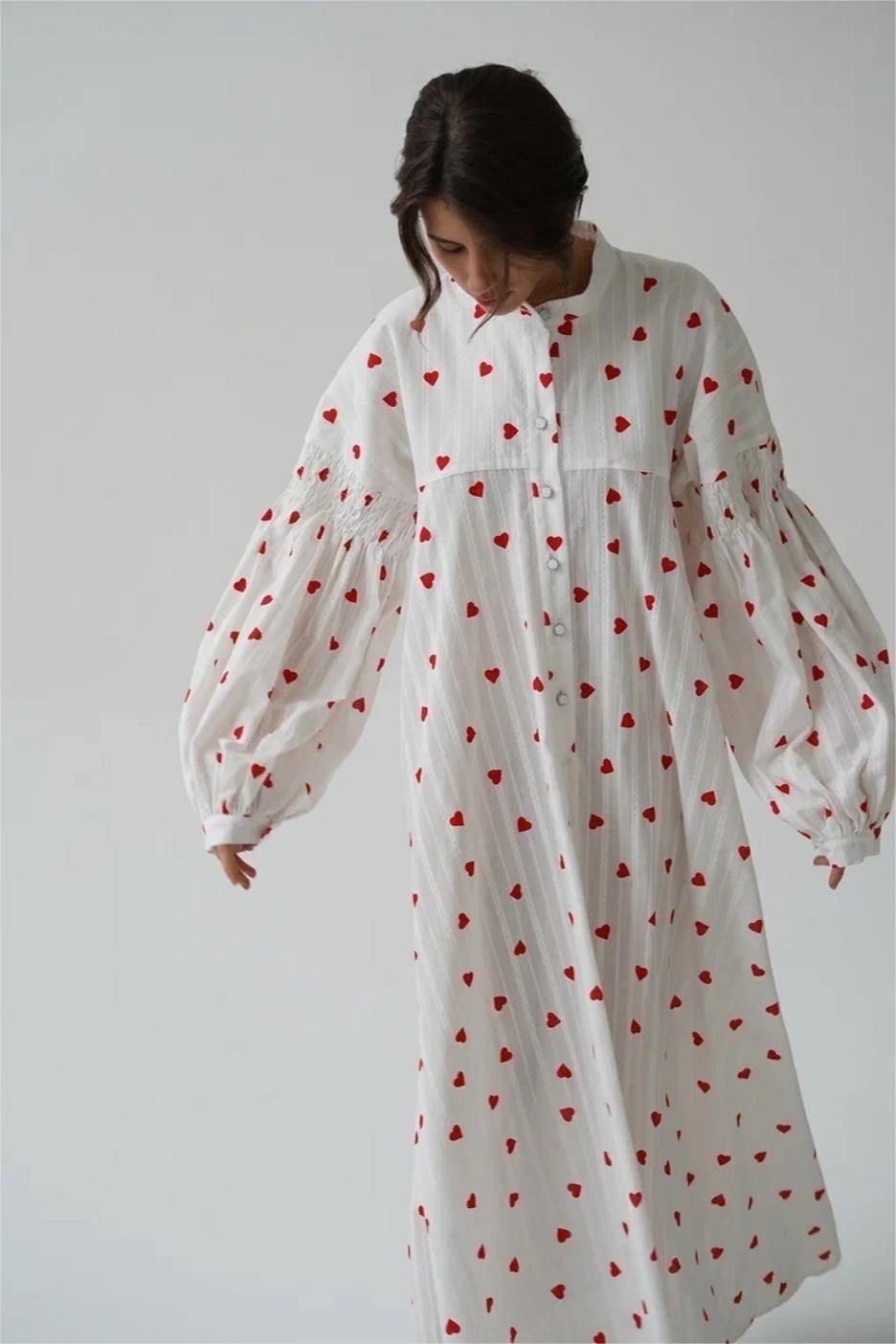 Heart Print Long Sleeve Maxi Dress