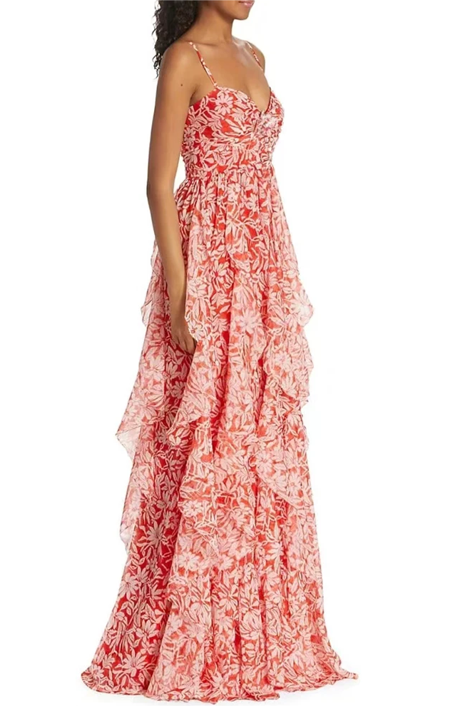 Floral Ruched Ruffle Cami Maxi Dress