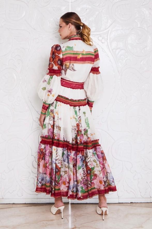 Floral Lantern Sleeve Stand Collar Ruffle Maxi Dress