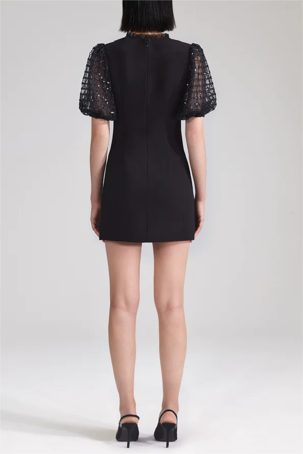 Sequin Crepe Puff Sleeve Mini Dress Black