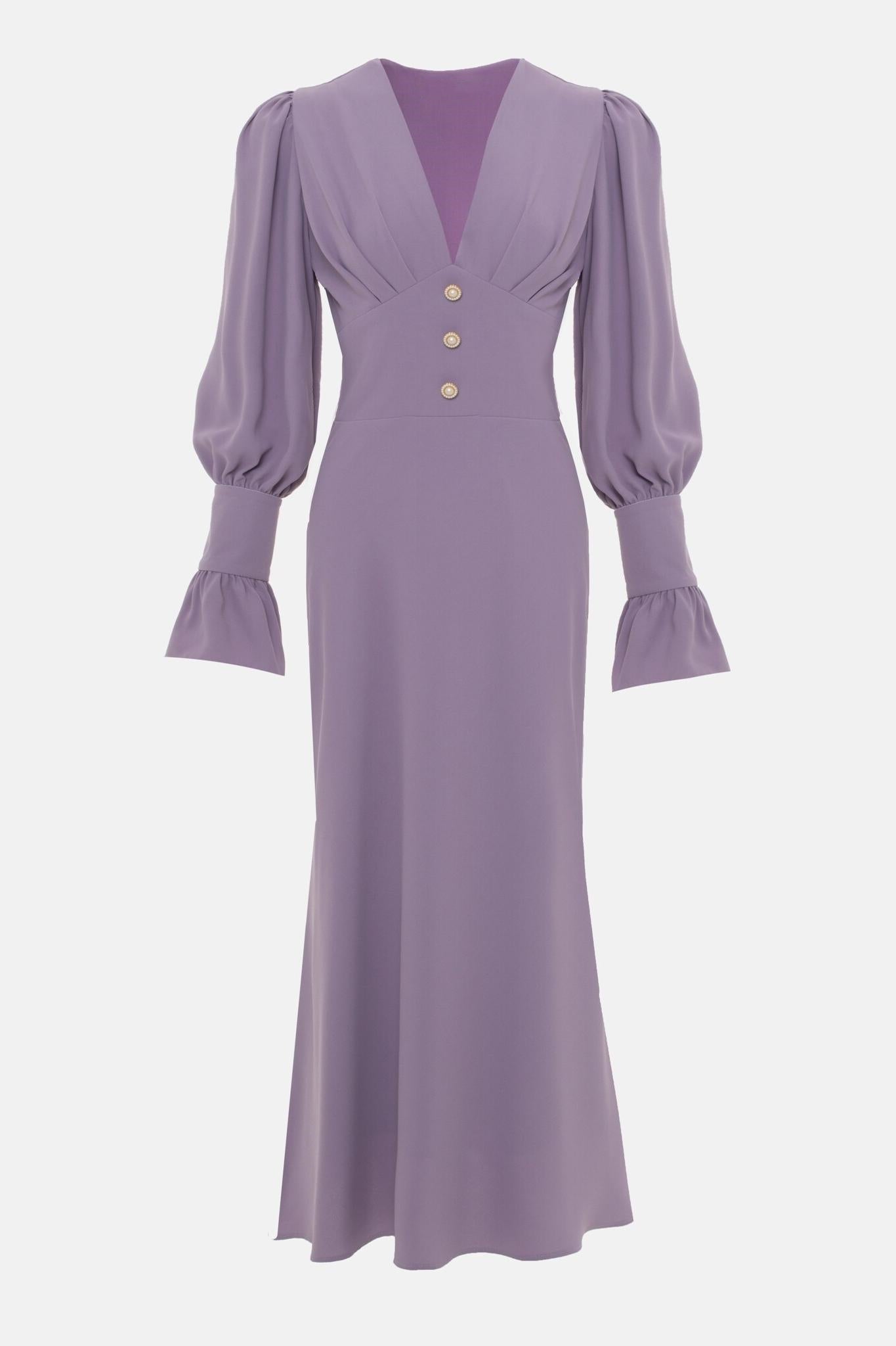 Solid V-Neck Lantern Sleeve Midi Dress