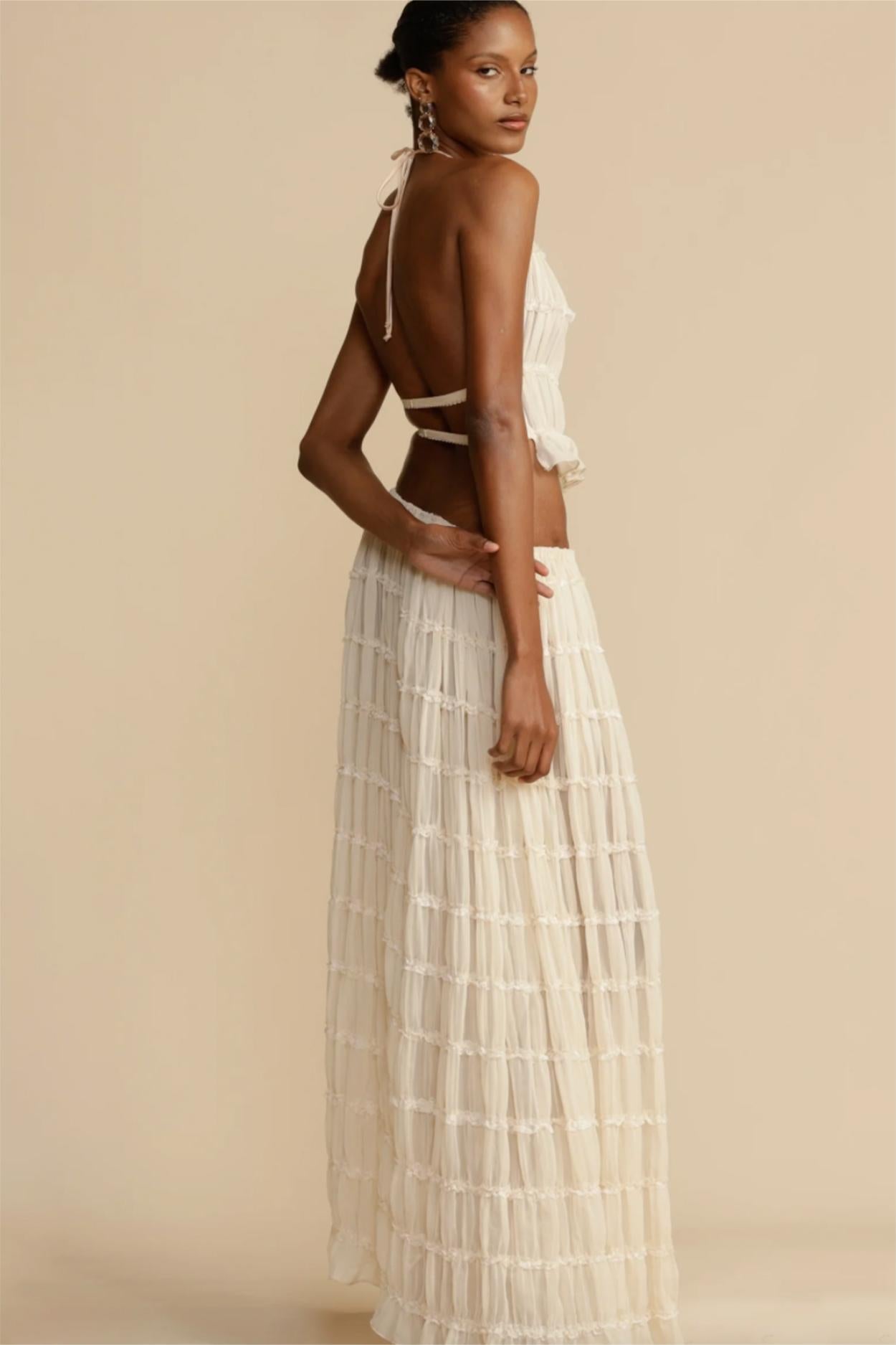 Smocking Halter Neck Backless Top & Mid Waist Maxi Skirt Set