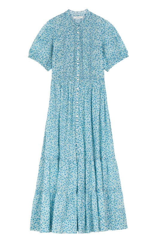 Floral Puff Sleeve Single Breasted Midi Dress