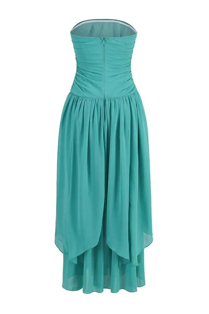 Mesh Strapless Ruched Split Maxi Dress