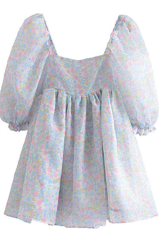 Floral Square Collar Puff Sleeve Mini Dress