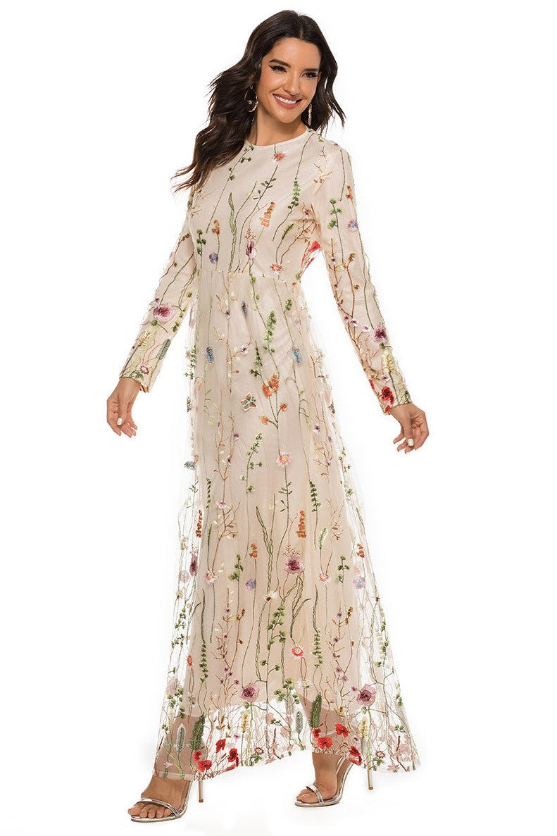 Embroidered Round Neck Long Sleeve Maxi Dress