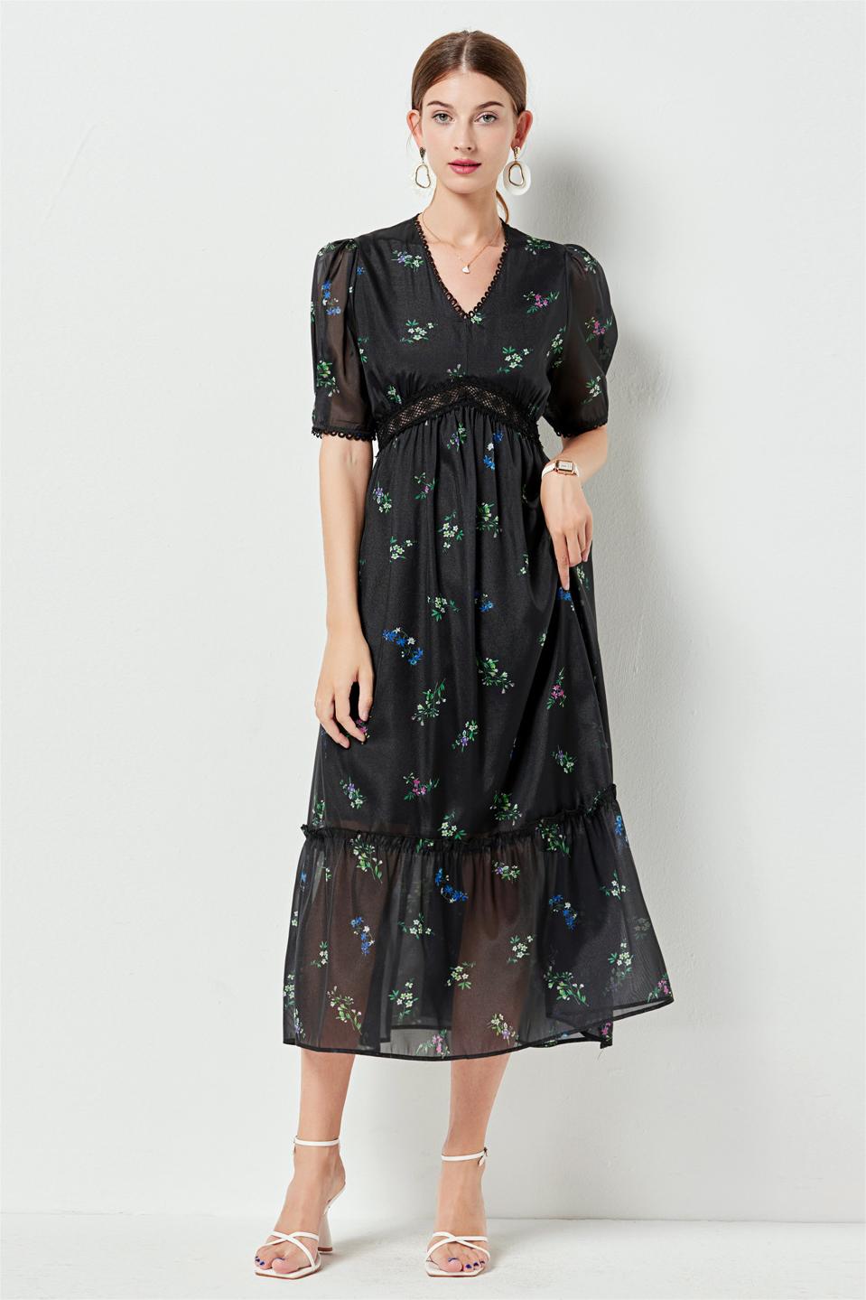 Floral Lace Puff Sleeve Midi Dress