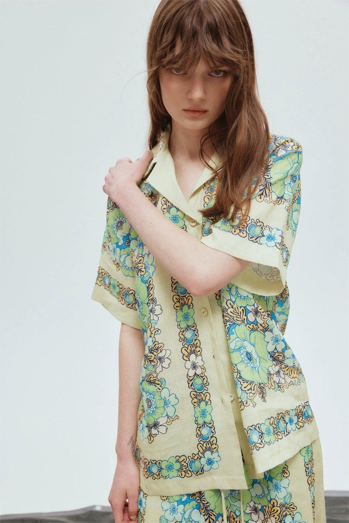Floral Shirt Collar Mid Sleeve Top & High Waist Wide-Legged Pants Set