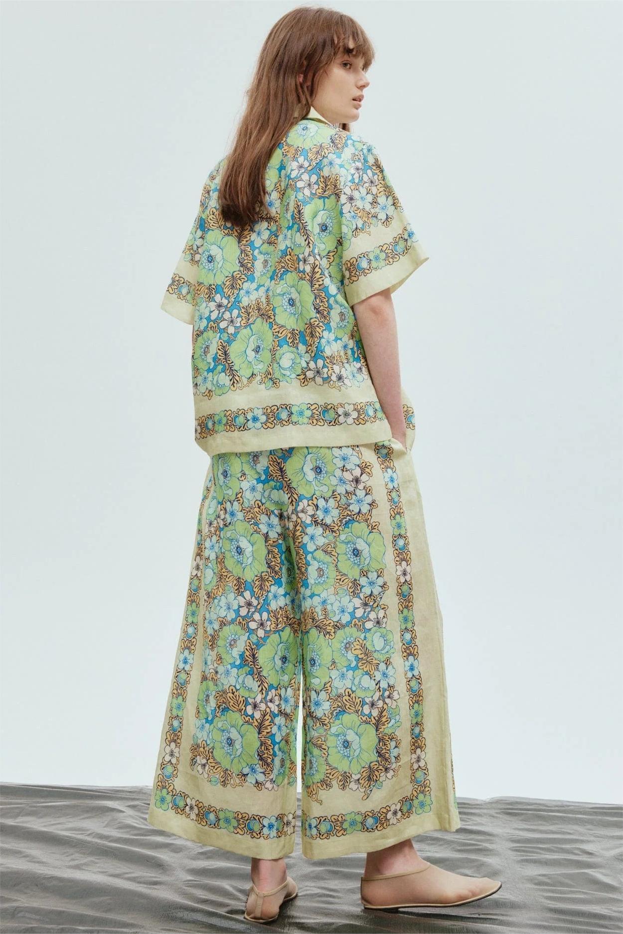 Floral Shirt Collar Mid Sleeve Top & High Waist Wide-Legged Pants Set