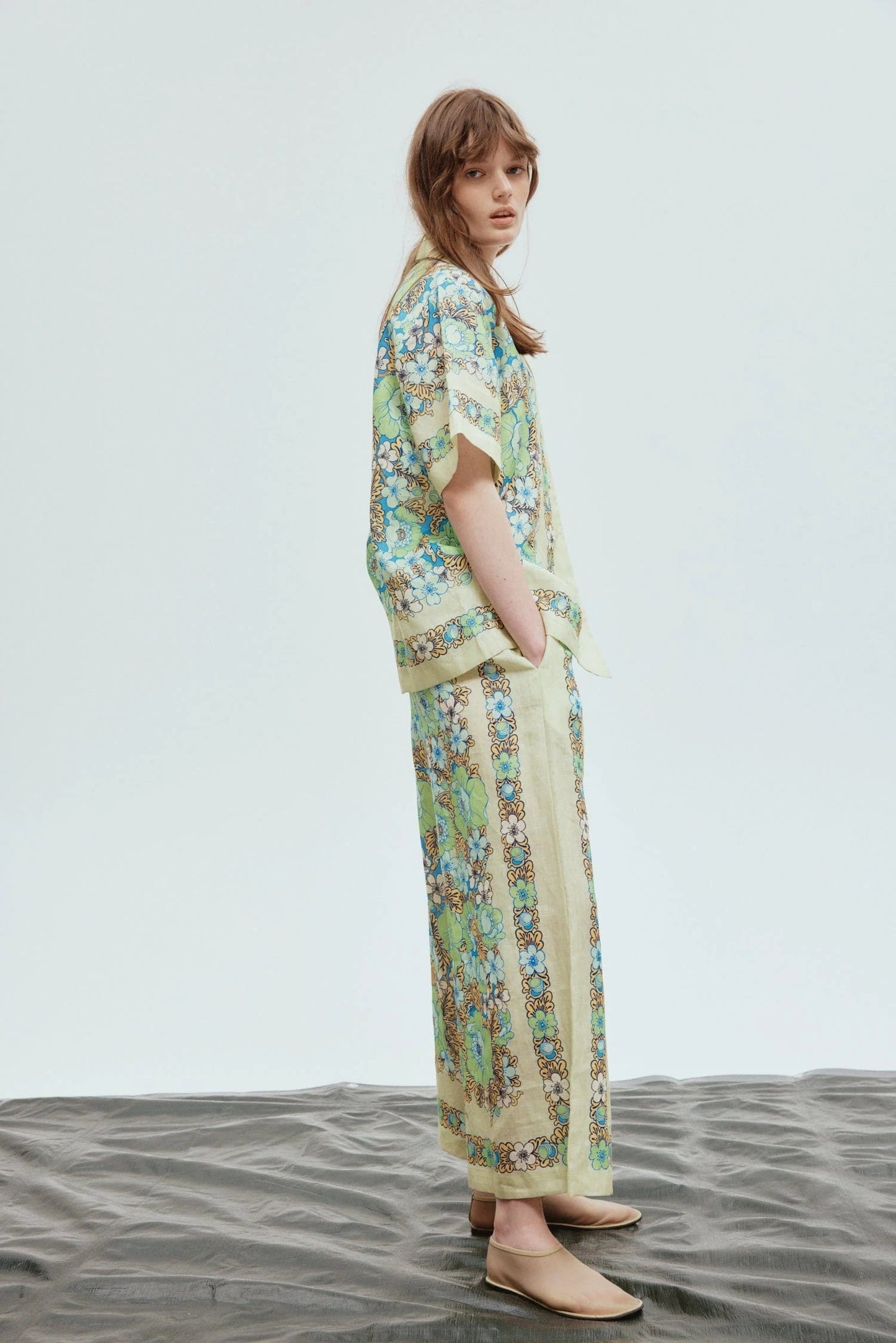 Floral Shirt Collar Mid Sleeve Top & High Waist Wide-Legged Pants Set
