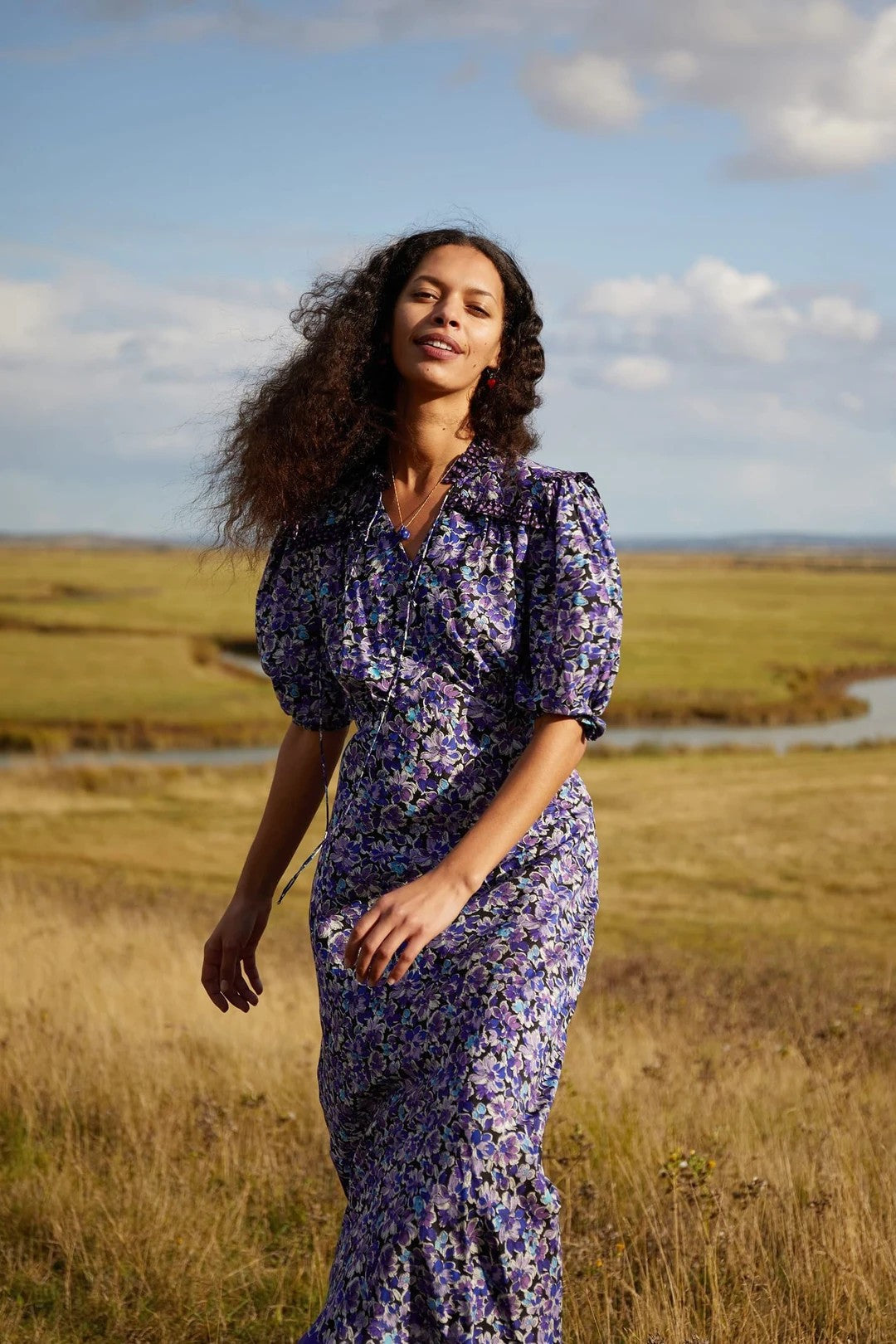 Floral Puff Sleeve Lace Up Frill Midi Dress